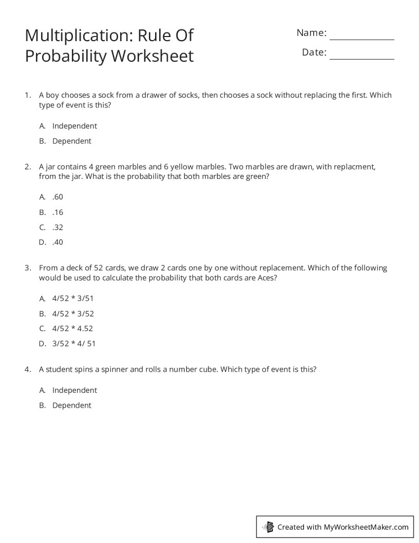 Multiplication Rule Of Probability Worksheet My Worksheet Maker Create Your Own Worksheets