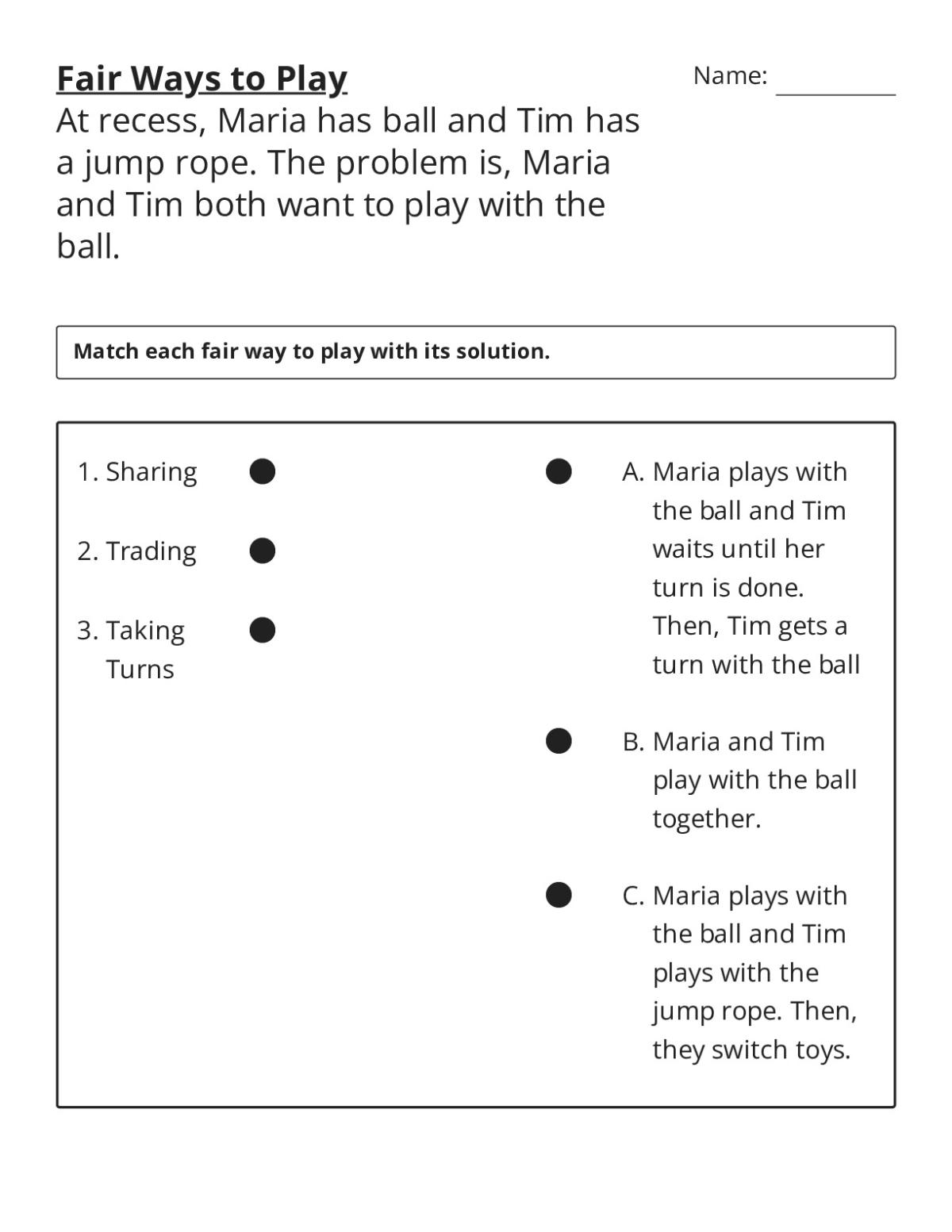 1st grade worksheet on fair ways to play with matching activity for sharing, trading, and taking turns.