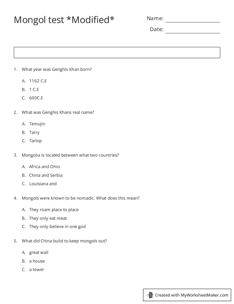 Mongol test *Modified* - My Worksheet Maker: Create Your Own Worksheets