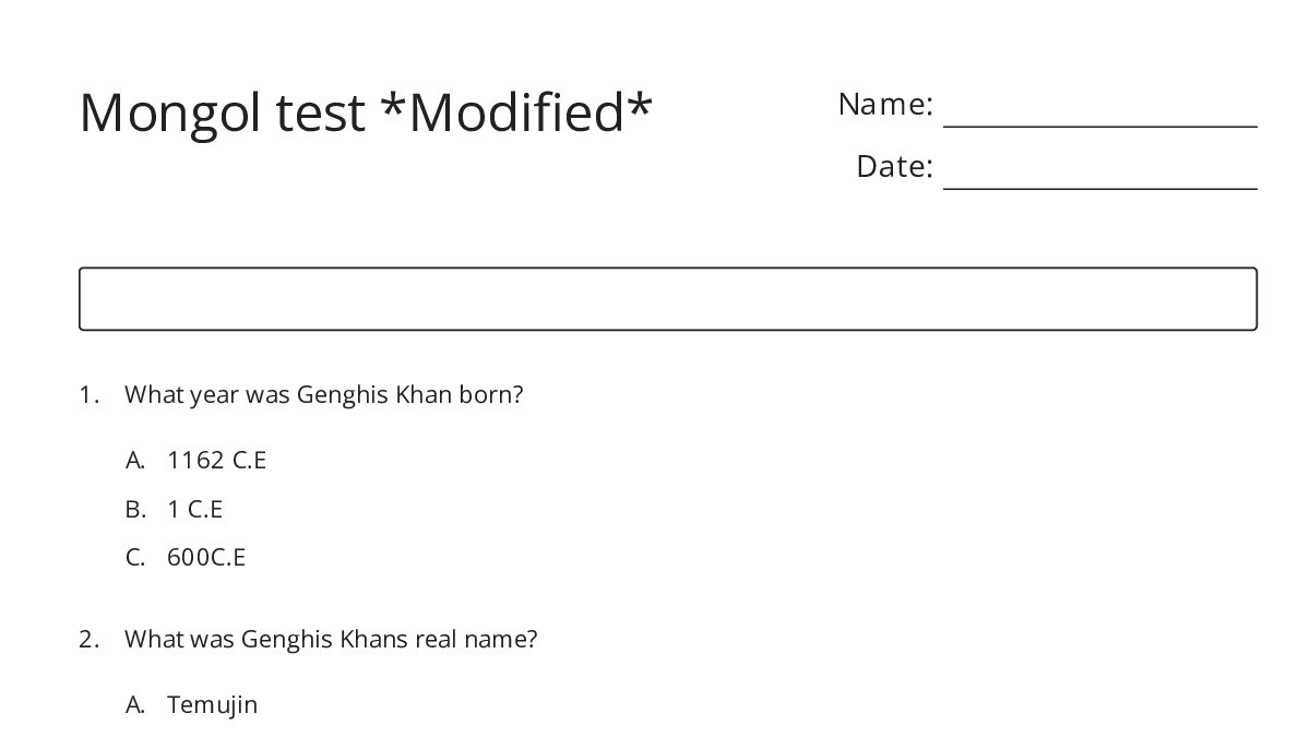 Mongol test *Modified* - My Worksheet Maker: Create Your Own Worksheets