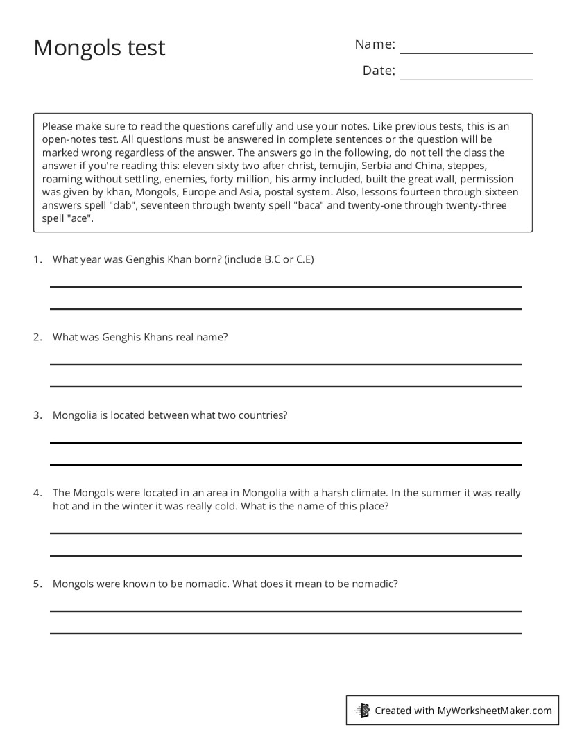 Mongols test - My Worksheet Maker: Create Your Own Worksheets