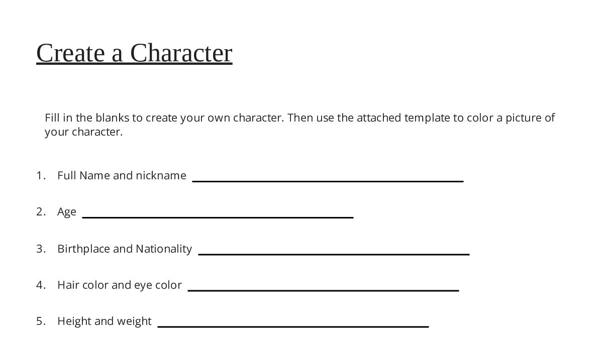 Create a Character - My Worksheet Maker: Create Your Own Worksheets