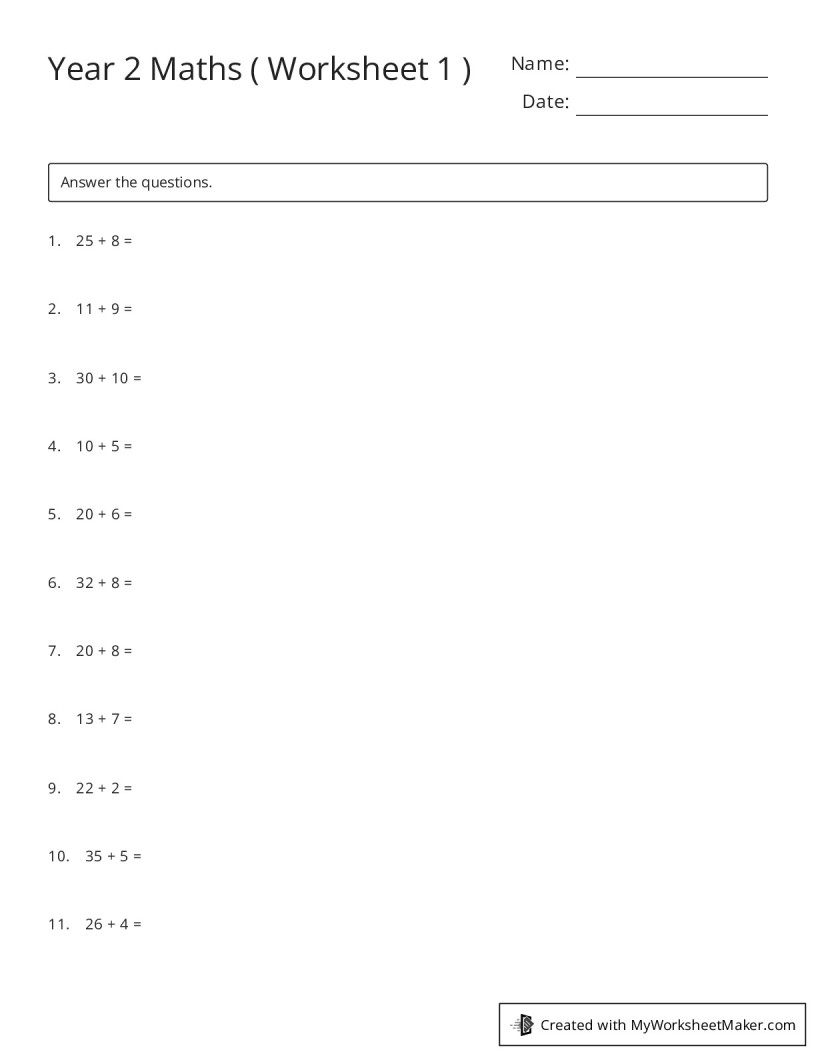 Year 2 Maths ( Worksheet 1 ) - My Worksheet Maker: Create Your Own