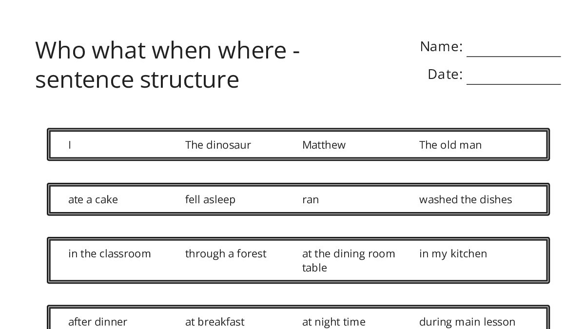 Who what when where - sentence structure - My Worksheet Maker: Create ...