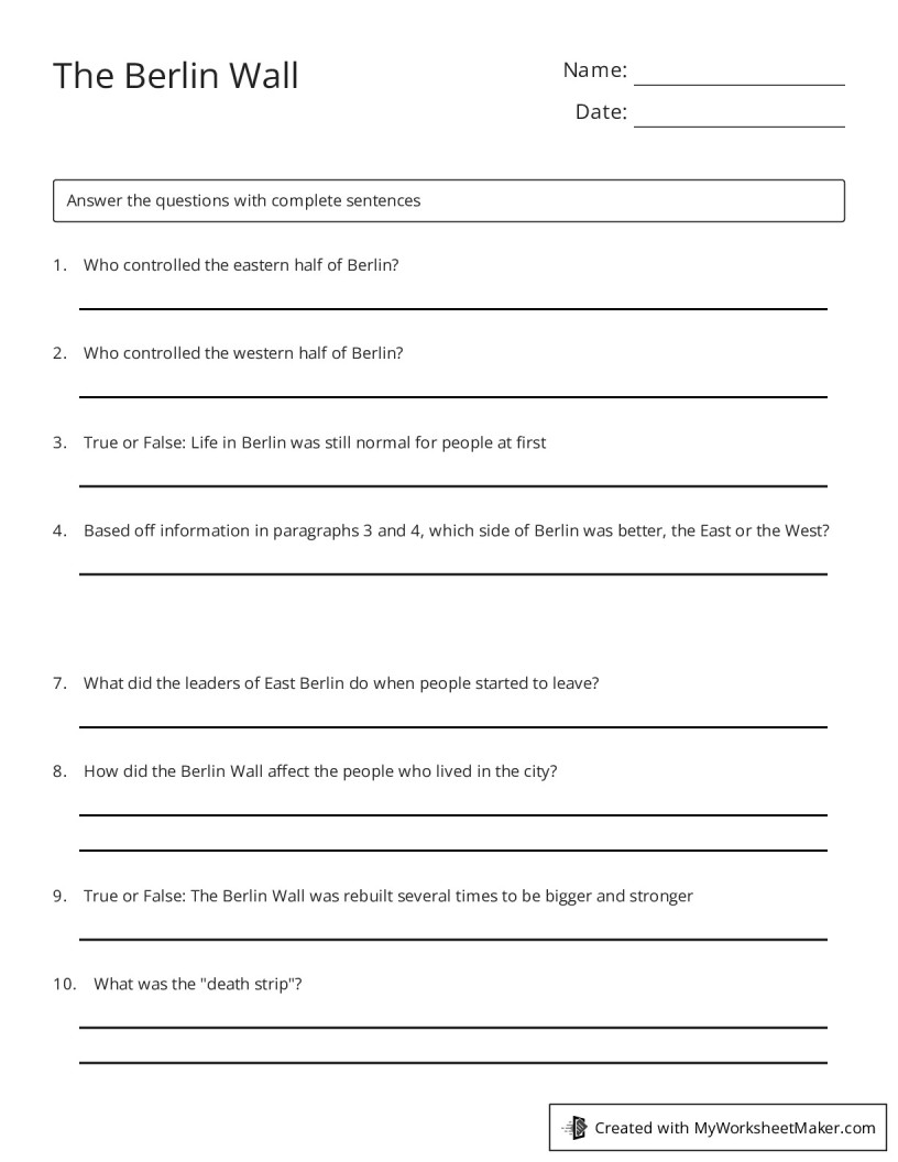 The Berlin Wall My Worksheet Maker Create Your Own Worksheets