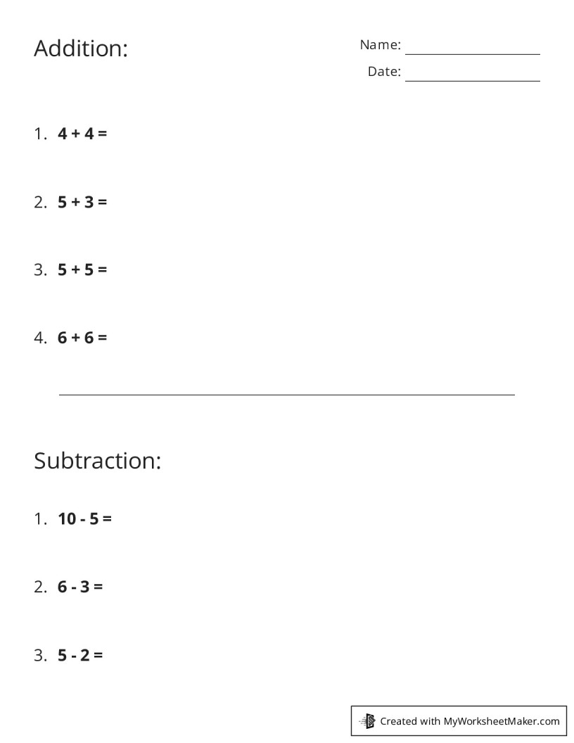 Addition: - My Worksheet Maker: Create Your Own Worksheets