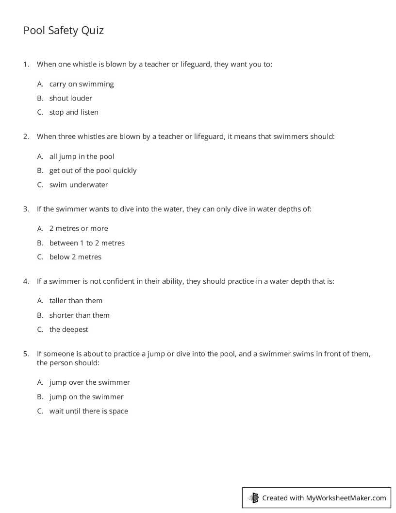 Pool Safety Quiz My Worksheet Maker Create Your Own Worksheets