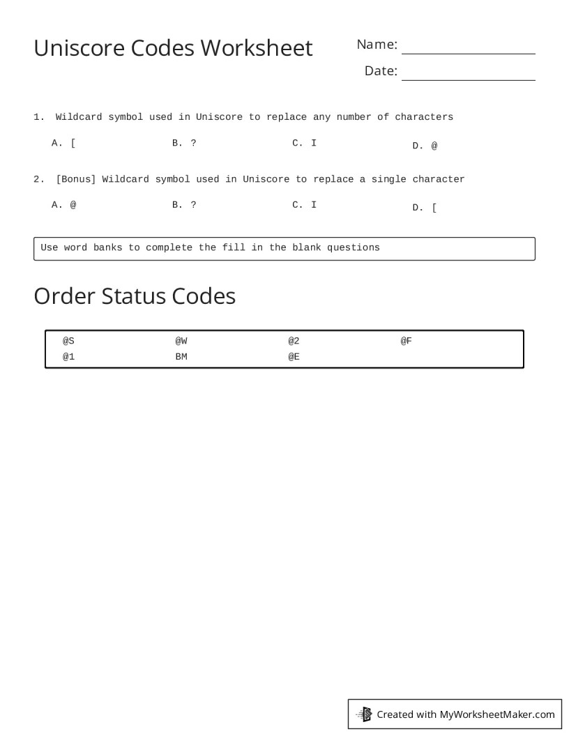 Uniscore Codes Worksheet - My Worksheet Maker: Create Your Own Worksheets