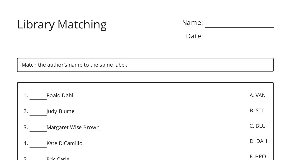 Library Matching - My Worksheet Maker: Create Your Own Worksheets