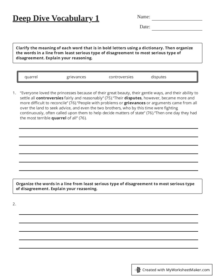 Deep Dive Vocabulary 1 My Worksheet Maker Create Your Own Worksheets