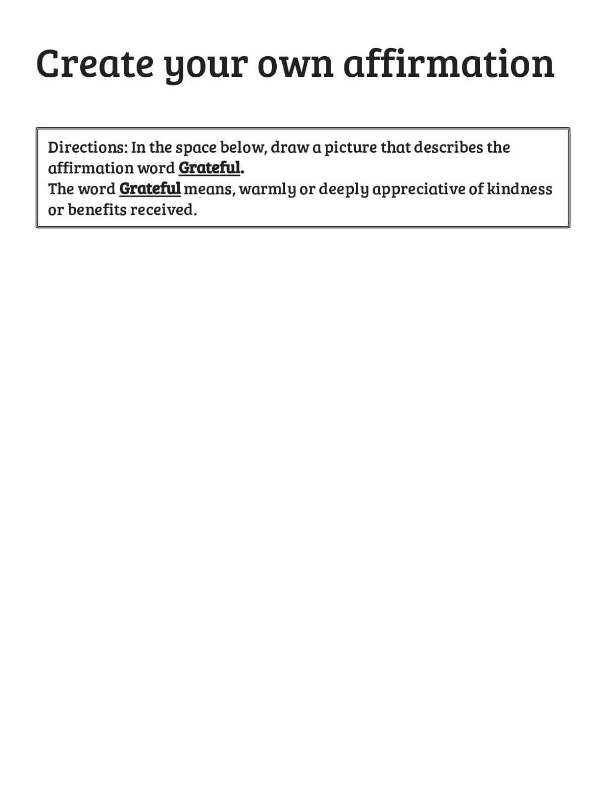 Social-emotional learning worksheet for Pre-K to Grade 3 asking students to draw a picture showing gratitude and the affirmation "grateful."