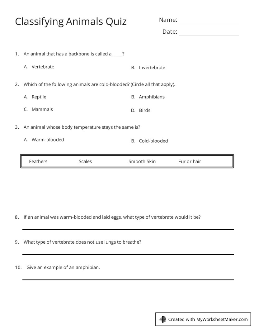 Classifying Animals Quiz - My Worksheet Maker: Create Your Own Worksheets