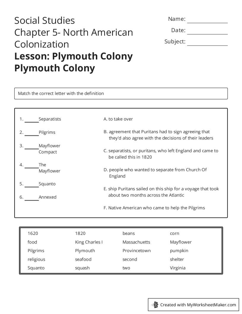 Social StudiesChapter 5- North American ColonizationLesson: Plymouth ...