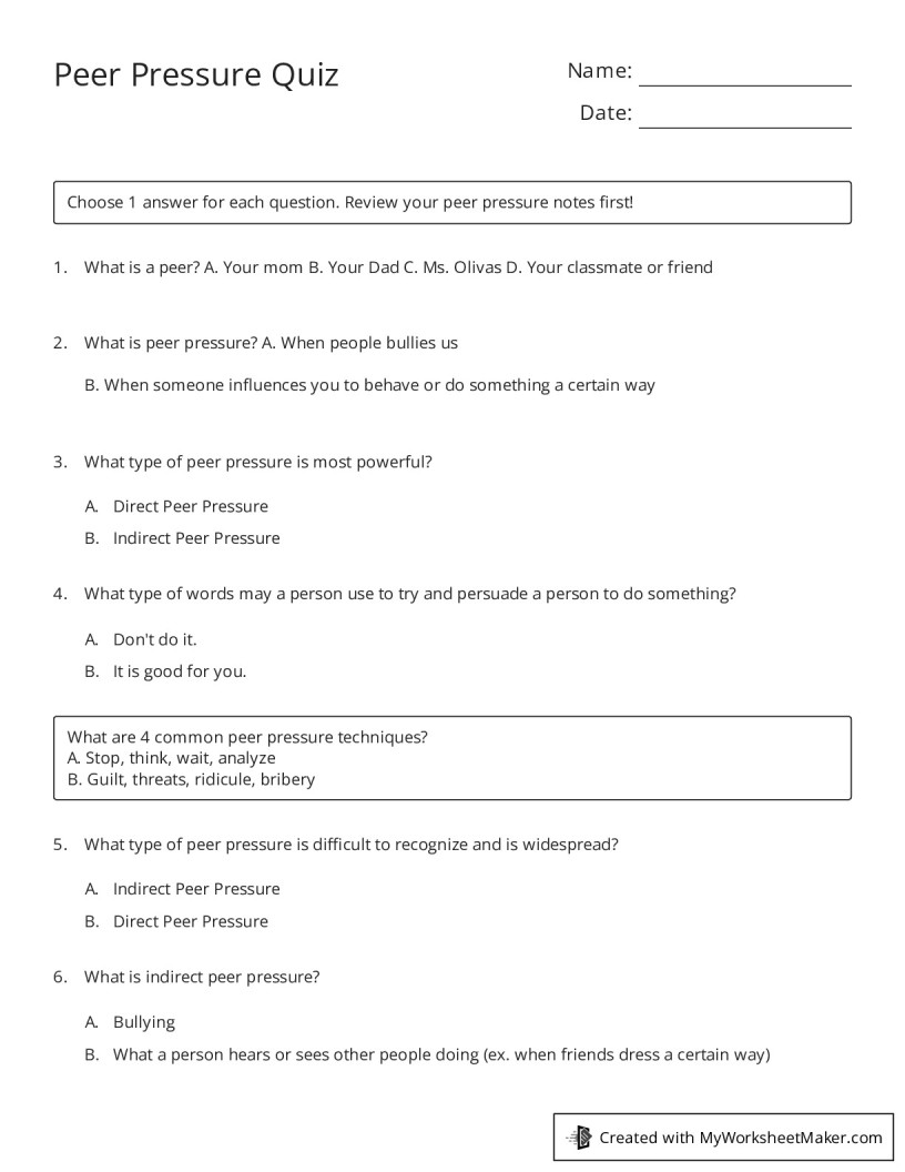 Peer Pressure Quiz - My Worksheet Maker: Create Your Own Worksheets