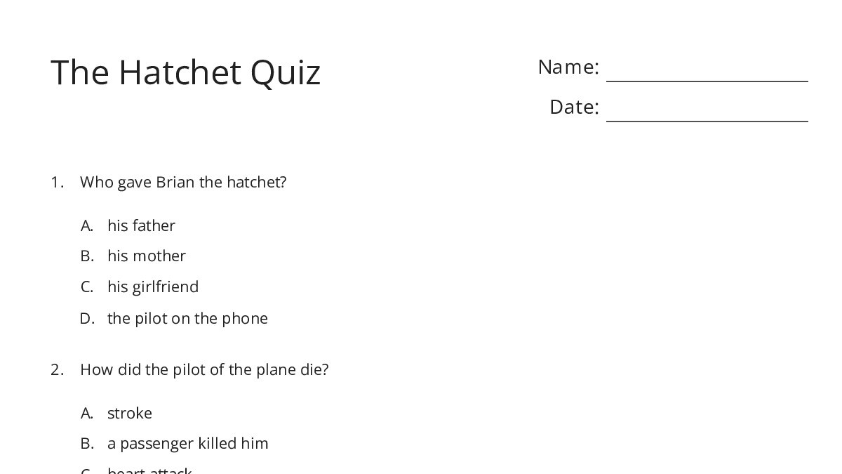 The Hatchet Quiz - My Worksheet Maker: Create Your Own Worksheets