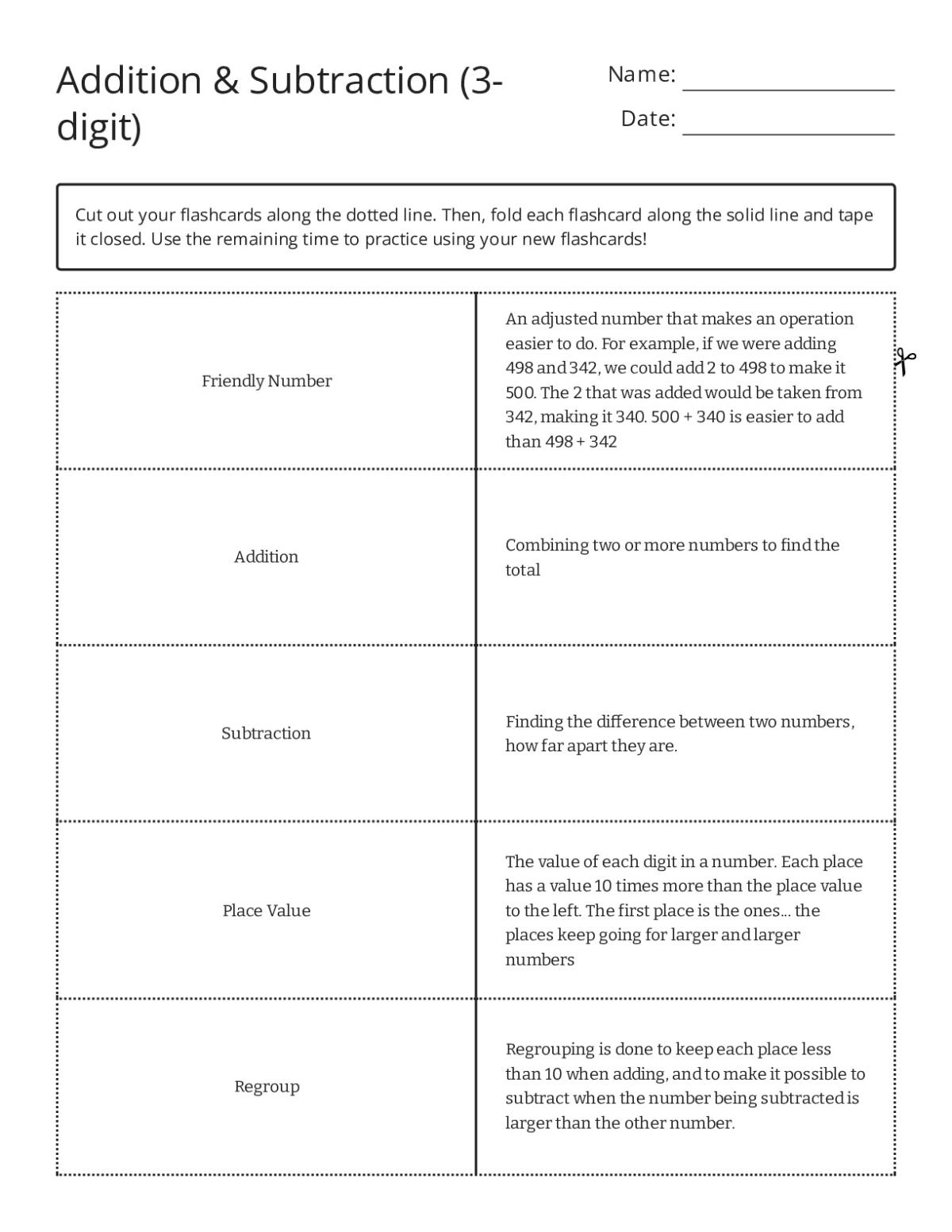 Addition and subtraction flashcards with place value and regrouping vocabulary for Grade 3.