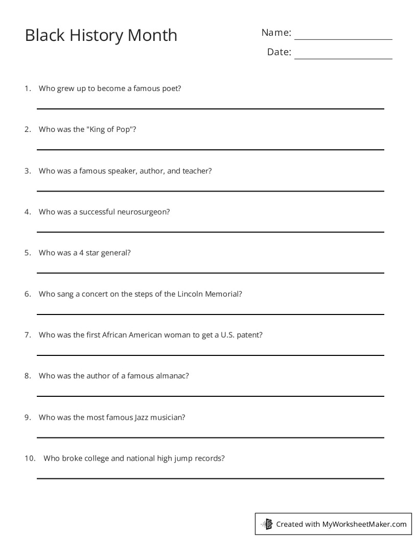 Black History Month My Worksheet Maker Create Your Own Worksheets
