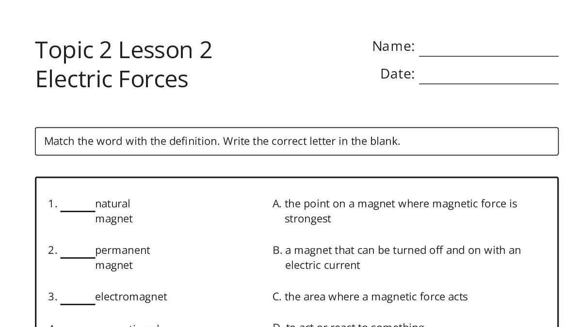 Topic 2 Lesson 2 Electric Forces - My Worksheet Maker: Create Your Own ...