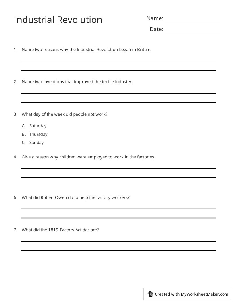 Industrial Revolution My Worksheet Maker Create Your Own Worksheets