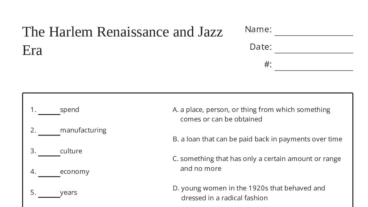 The Harlem Renaissance and Jazz Era - My Worksheet Maker: Create Your ...