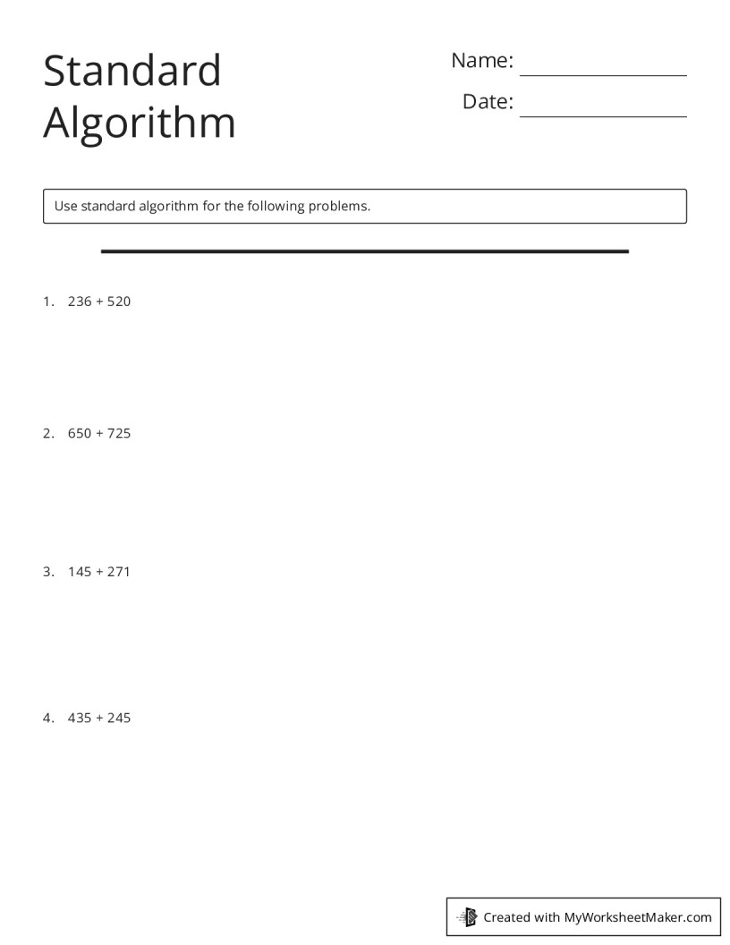 Standard Algorithm - My Worksheet Maker: Create Your Own Worksheets