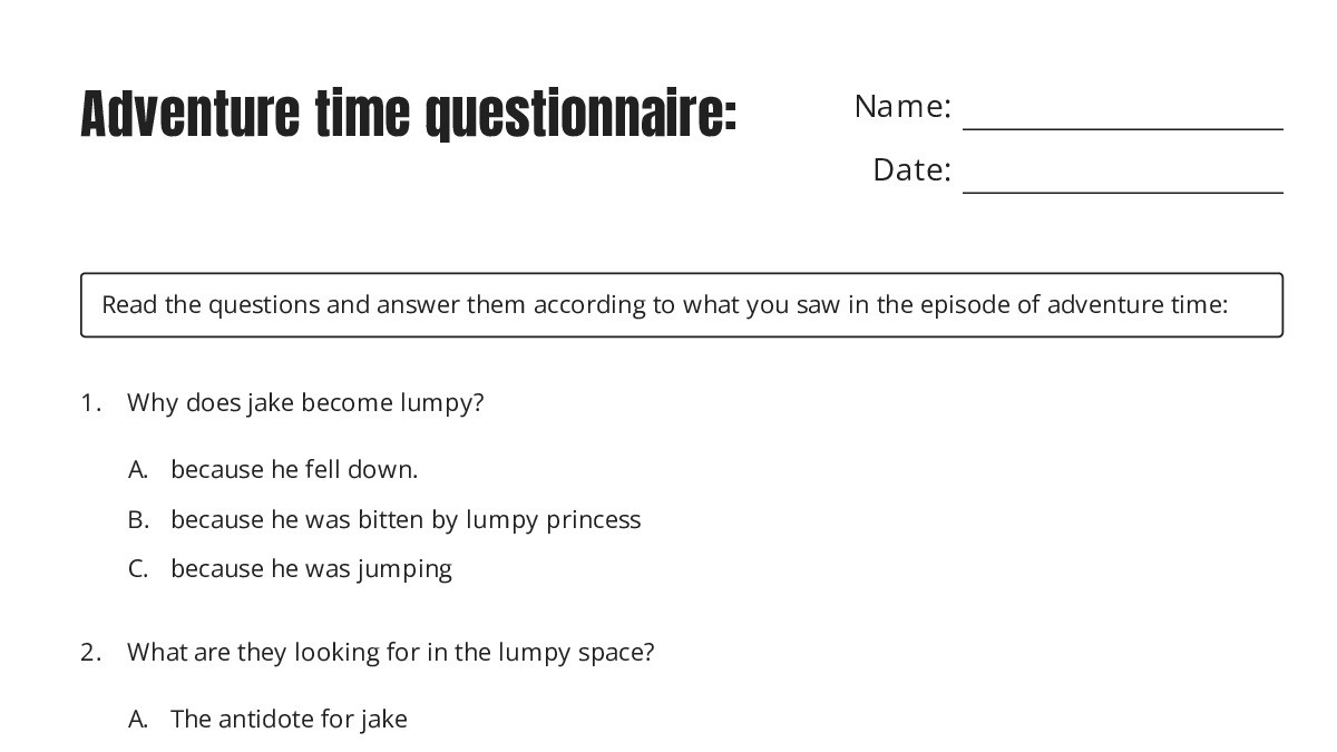 Adventure time questionnaire: - My Worksheet Maker: Create Your Own ...