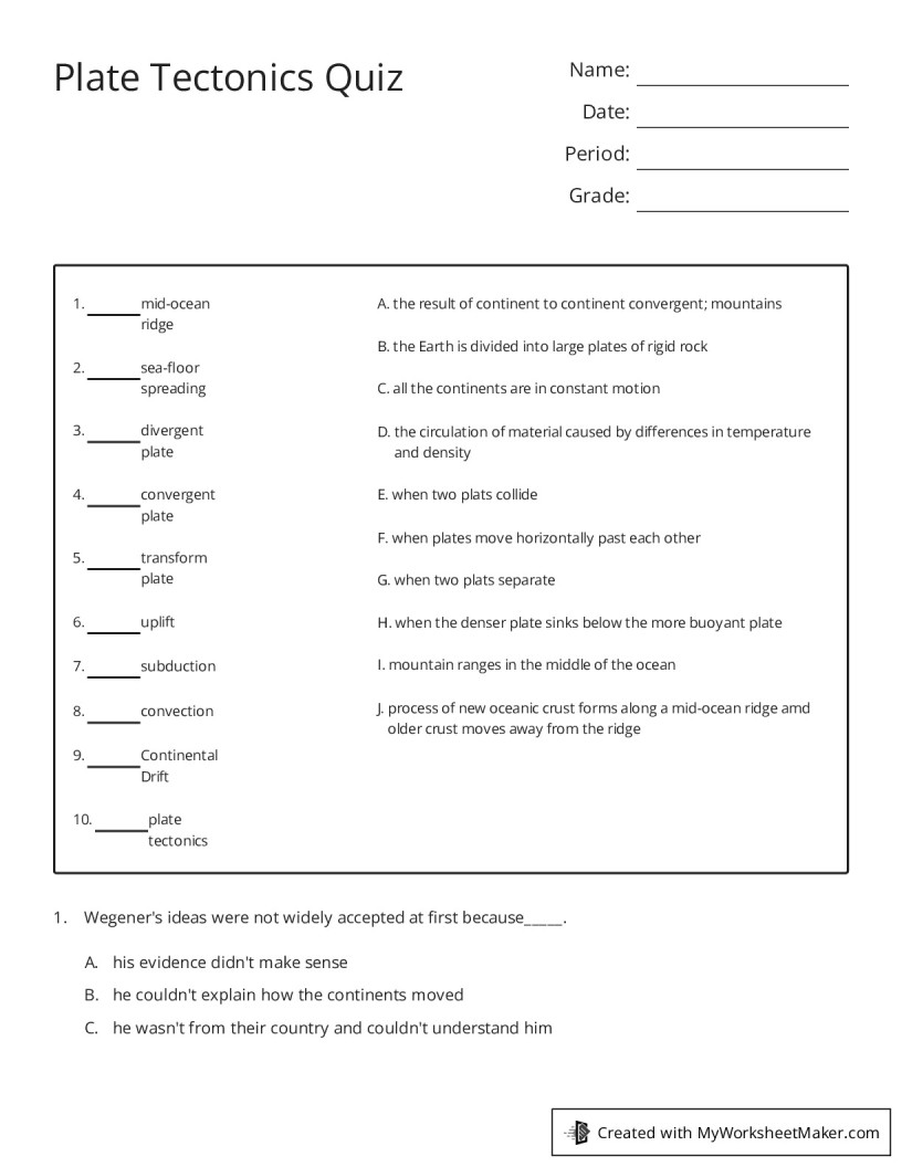 Plate Tectonics Quiz My Worksheet Maker Create Your Own Worksheets