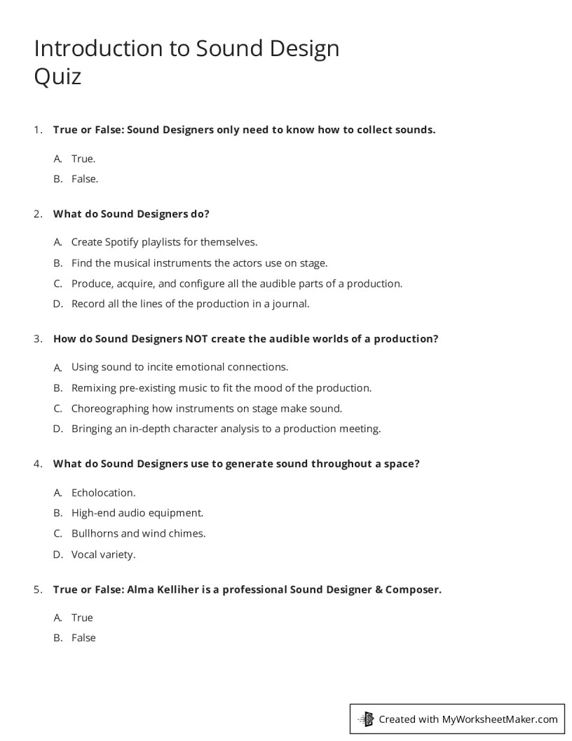 Introduction to Sound Design Quiz My Worksheet Maker Create Your Own