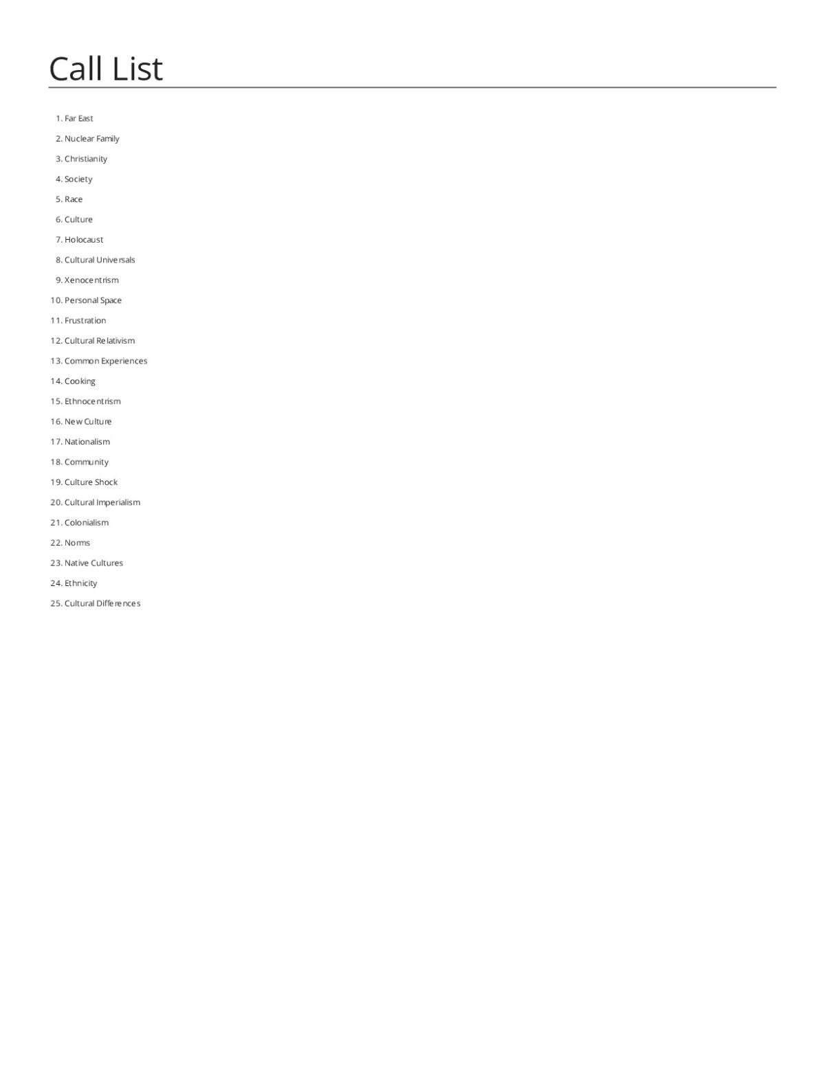 General Culture bingo cards with vocabulary including ethnocentrism, cultural relativism, and culture shock.