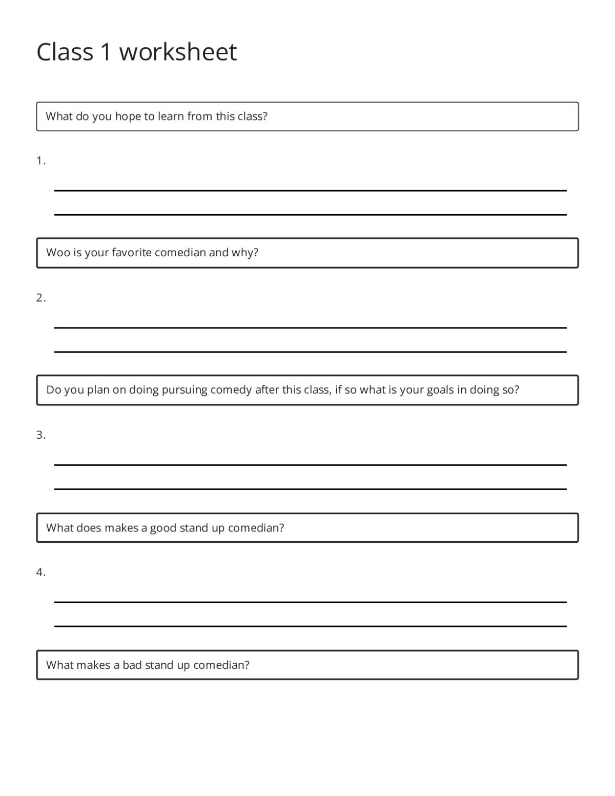 Pre-class survey for stand-up comedy course with open-response questions about comedians and comedy goals.