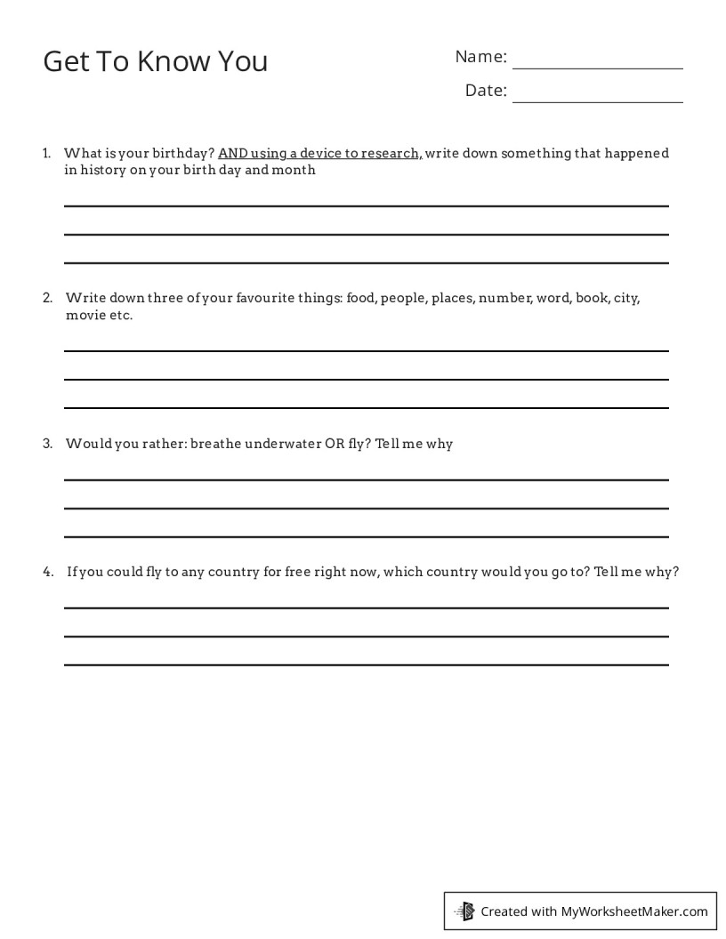 Get To Know You - My Worksheet Maker: Create Your Own Worksheets