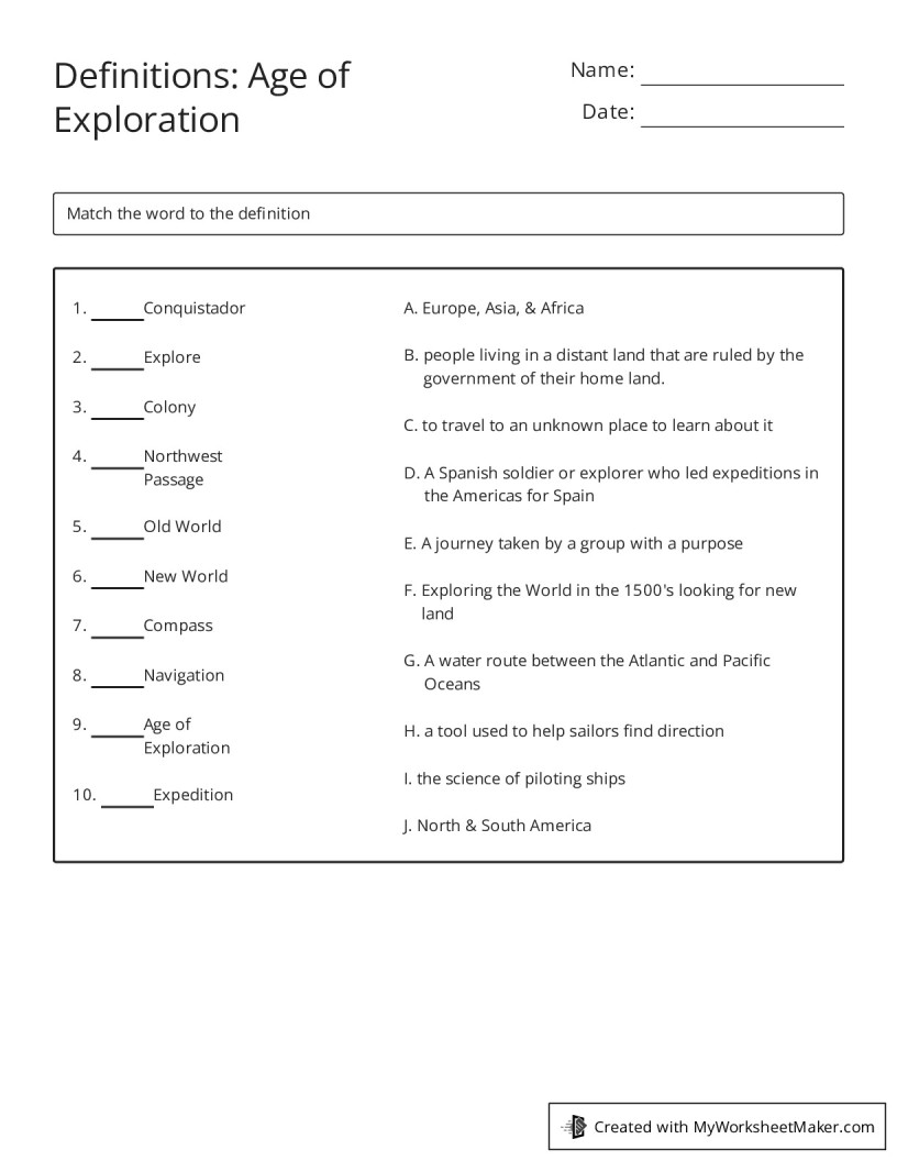 Age Of Exploration Worksheet Explorers Exploration
