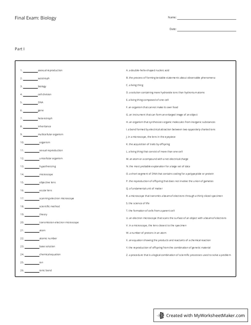 Final Exam: Biology - My Worksheet Maker: Create Your Own Worksheets