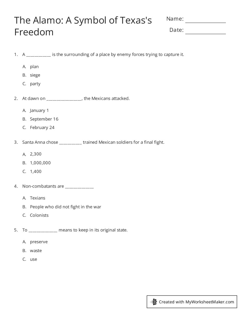 The Alamo A Symbol of Texas's Freedom My Worksheet Maker Create Your Own Worksheets
