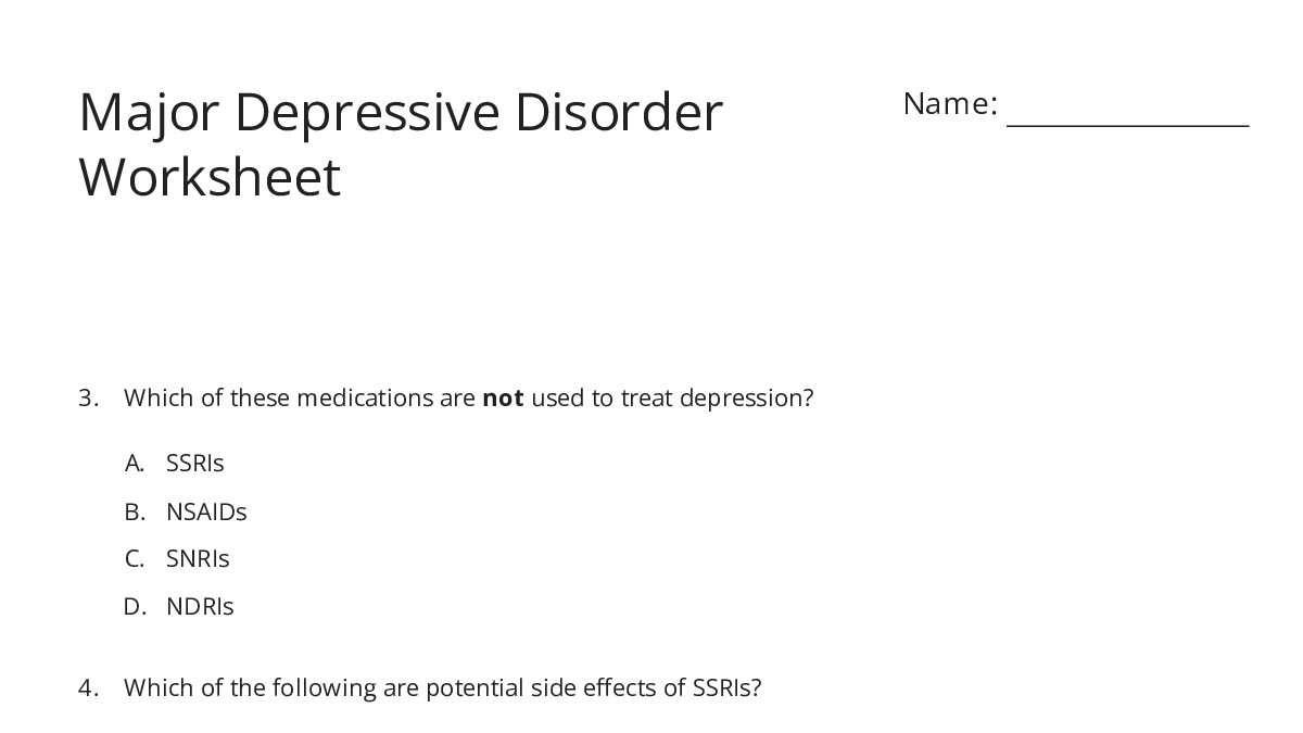 Major Depressive Disorder Worksheet - My Worksheet Maker: Create Your ...
