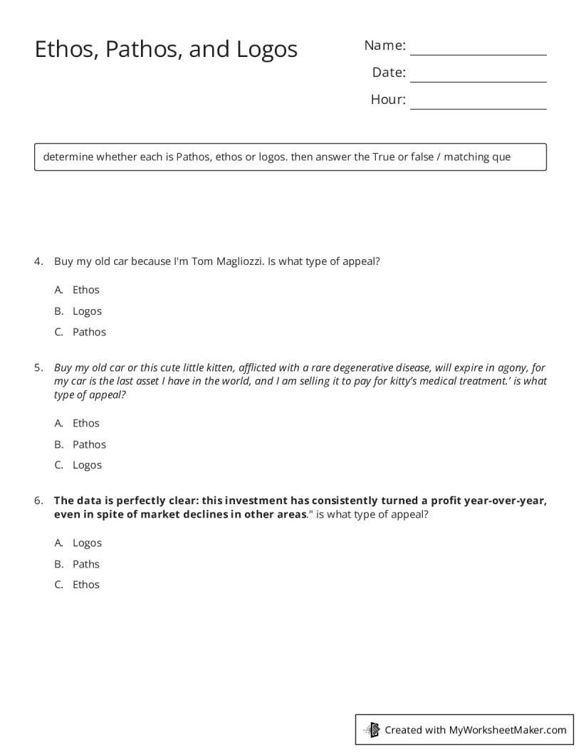 Ethos, Pathos, and Logos - My Worksheet Maker: Create Your Own Worksheets