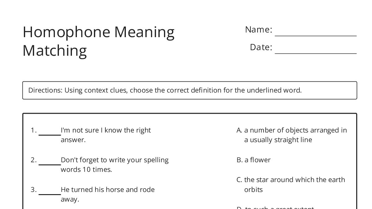 Homophone Meaning Matching - My Worksheet Maker: Create Your Own Worksheets