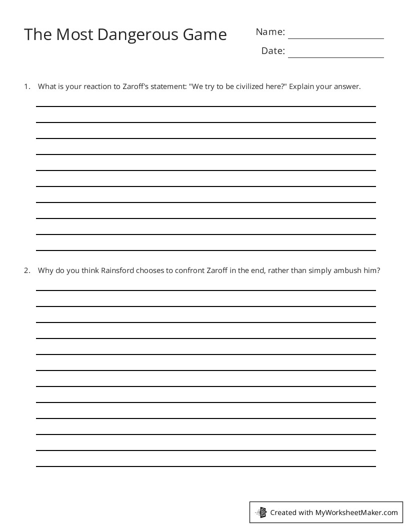 The Most Dangerous Game My Worksheet Maker Create Your Own Worksheets