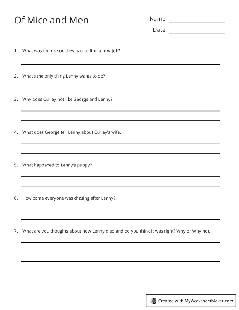 Of Mice and Men My Worksheet Maker Create Your Own Worksheets