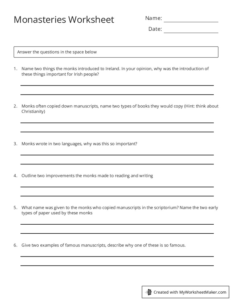 Monasteries Worksheet - My Worksheet Maker: Create Your Own Worksheets