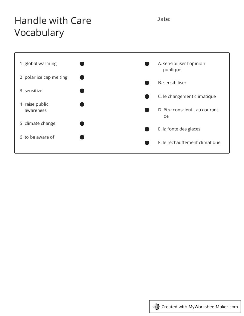 Handle Word Examples Handle with Care Vocabulary - My Worksheet Maker: Create Your Own ...