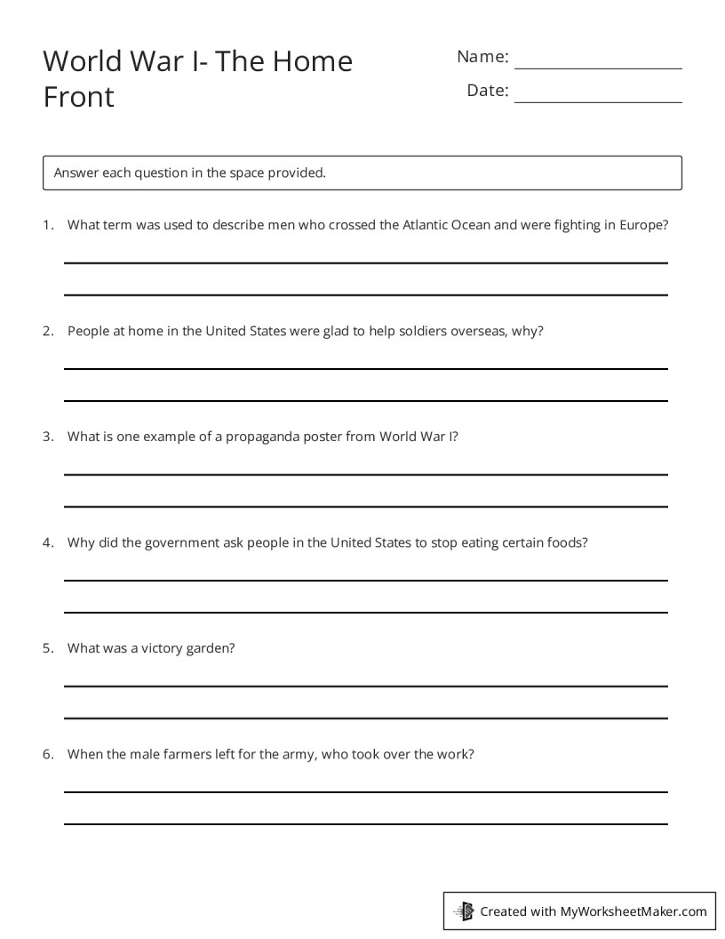 World War I- The Home Front - My Worksheet Maker: Create Your Own ...