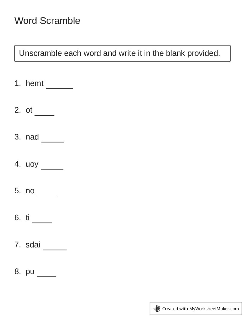 Word Scramble - My Worksheet Maker: Create Your Own Worksheets