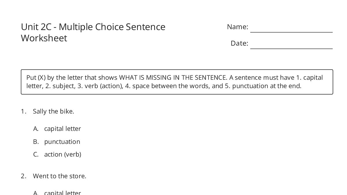 Unit 2C - Multiple Choice Sentence Worksheet - My Worksheet Maker ...