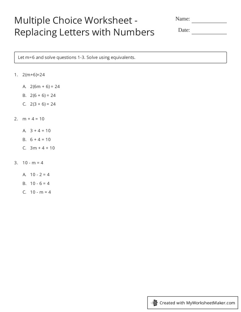 Multiple Choice Worksheet Replacing Letters with Numbers My