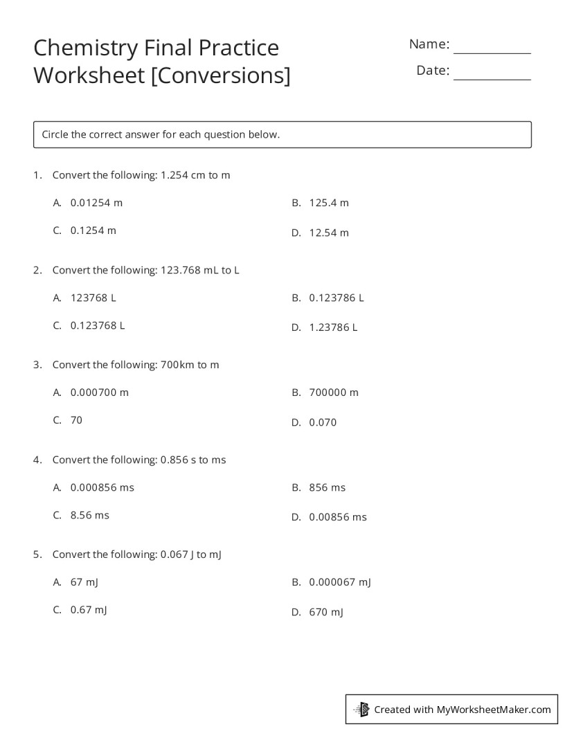 Chemistry Final Practice Worksheet [Conversions] My Worksheet Maker Create Your Own Worksheets