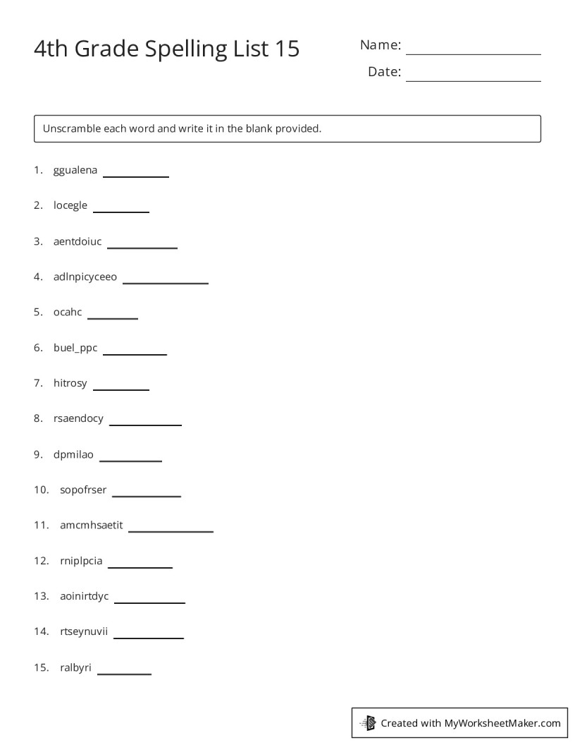 4th Grade Spelling List 15 - My Worksheet Maker: Create Your Own Worksheets