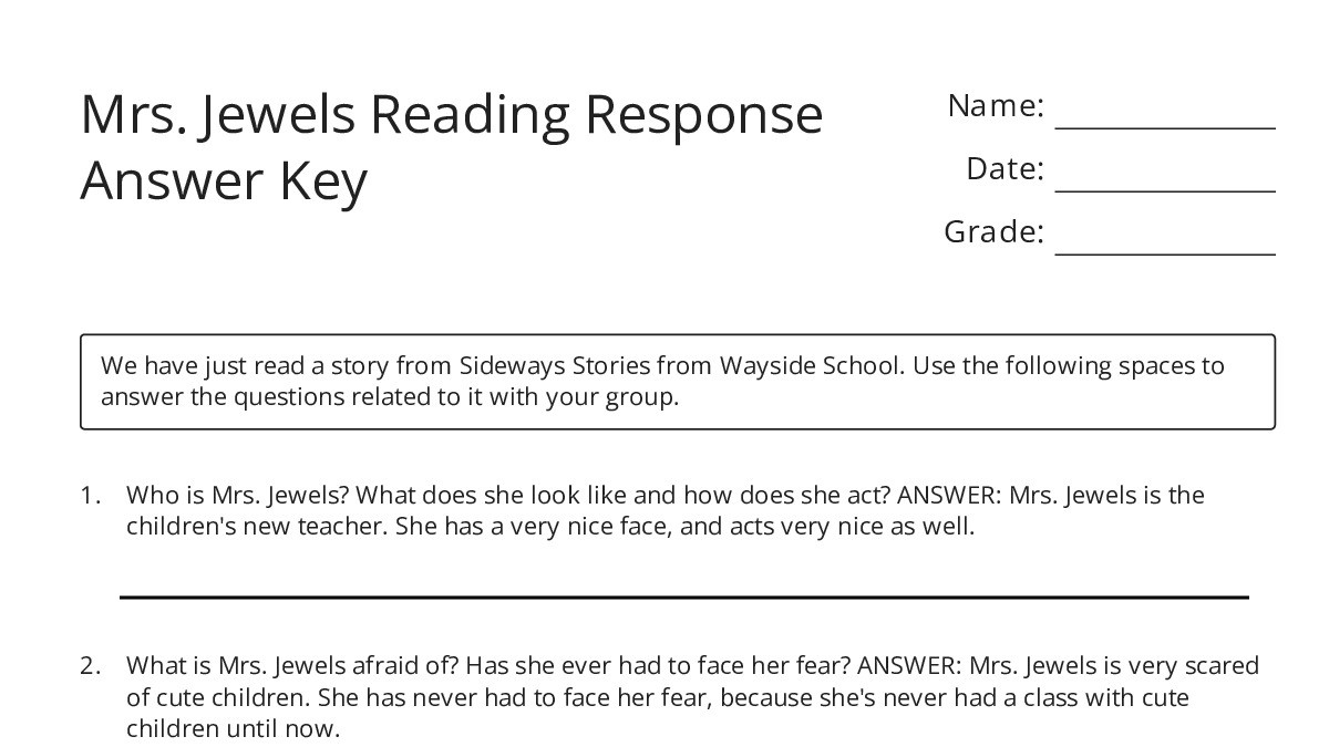 Mrs. Jewels Reading Response Answer Key - My Worksheet Maker: Create ...