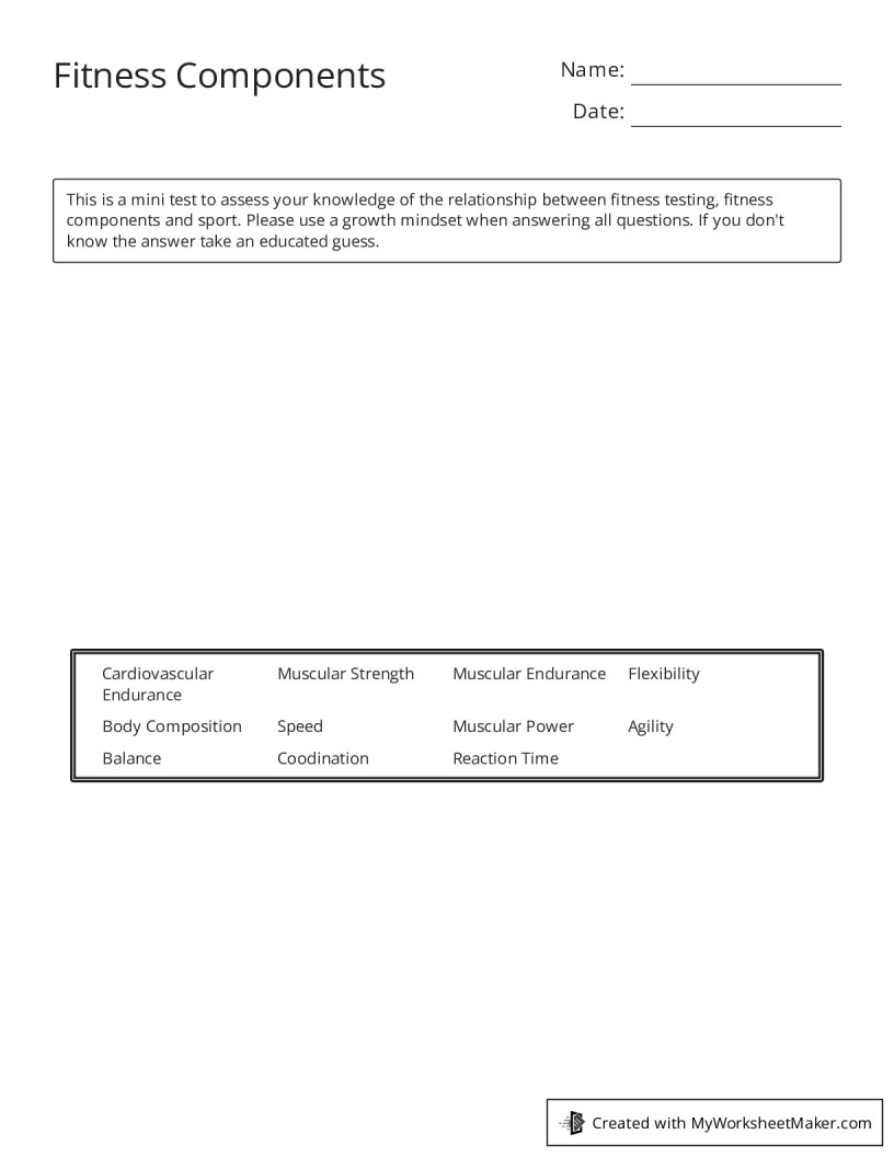 Fitness Components - My Worksheet Maker: Create Your Own Worksheets