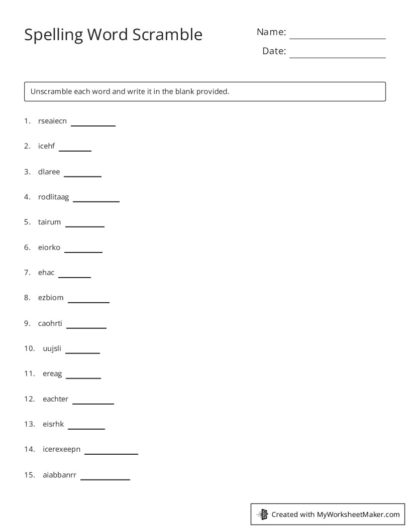 Spelling Word Scramble My Worksheet Maker: Create Your Own Worksheets
